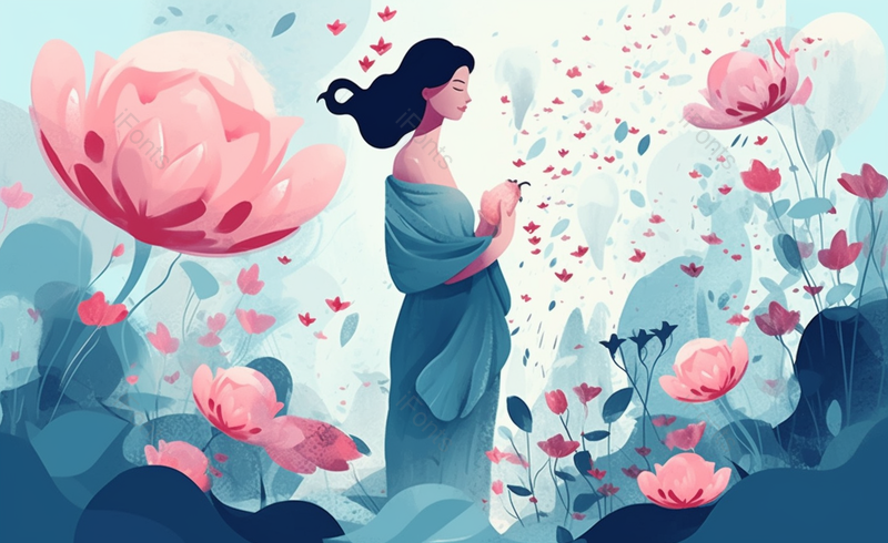 长发女子手拿花站在花丛中手绘插画场景,插画/手绘图,插画/手绘图库,插画/手绘图下载,插画/手绘